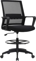 Drafting Chair Tall Office Chair Adjustable Swivel Rolling Mesh Height with Lumbar Support Arms Footrest Mid Back for Adults Standing Desk Drafting Stool (Black)