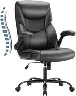 Sweetcrispy Ergonomic Computer Gaming Office Chair, Heavy Duty Task Desk Swivel Rolling Chairs with Wheels, Flip-up Arms, Adjustable Height, PU Leather, Black