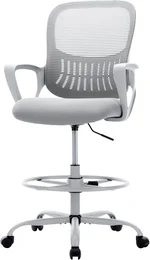 Sweetcrispy Home Office Drafting Chair - Ergonomic High Stool Computer with Adjustable Height and Comfy Lumbar Support, Tall Rolling Task for Standing Desk with Fixed Arm and Footrest, Grey