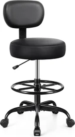 Drafting Chair with Backrest – Adjustable Foot Rest Rolling Stool with Wheels, PU Leather Swivel Stool for Office Spa Studio Lab Counter Salon Home Work Bar Kitchen Shop(Black)