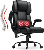 HOFFREE Executive Office Chair with Massage and Heat Big and Tall Computer Chairs with Flip-up Armrests High Back PU Leather Chair with Lumbar Support Swivel PC Chair with Rocking Function Black