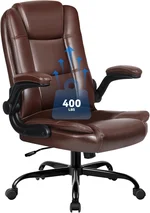 VITESSE Executive Office Chair with Flip-up Armrests, Big and Tall Leather Ergonomic Office Chair, High Back Lumbar Support Home Computer Desk Chair, Heavy and Duty Computer Chair (Brown)