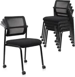 CLATINA Stacking Armless Office Waiting Room Chair with Wheels, Stackable Mesh Guest Reception Desk Chairs with Adjustable Backrest for Conference Lobby Side School, Black, 4 Pack