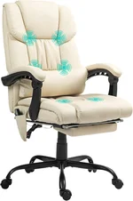 Vinsetto High Back Massage Office Chair with 6 Vibration Points, PU Leather Reclining Computer Chair, Ergonomic Desk Chair with Footrest Adjustable Height and Remote, Beige