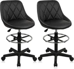 Drafting Chair with Backrest and Wheels, Adjustable Footrest Height Rolling Stool, PU Leather Tall Swivel Chairs Work Shop Office Desk Stools for Kitchen Home Bar, Black, 2 Pack