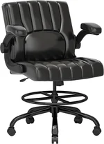 FLEXISPOT Drafting Chair, Black Desk Chair, Comfortable Office Chair with Adjustable Foot Ring Footrest/Flip-up Armrest/4.7in Thick Seat Cushion, Black Vanity Chair with Back, Leather Seat