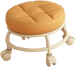 Low Rolling Stool Roller Seat Foot Rest Adults Child with Swivel Caster PU Leather for Entryway Office Salon Pedicure Bedside, Orange