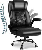 LEMBERI 400lbs Big and Tall Executive Office Chair for Adult, Ergonomic High Back Leather Computer Gaming Desk Chair with Lumbar Support, Flip-up Arms (Black)