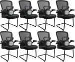 CLATINA Office Guest Chair no Wheels with Lumbar Support and Flip-up Armrest Mid Back Mesh Space Air Grid Series Sled Base for Reception Conference Room Black Set of 8