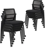 CLATINA Stacking Armless Office Waiting Room Chair with Wheels, Stackable Mesh Guest Reception Desk Chairs with Adjustable Backrest for Conference Lobby Side School, Black, 8 Pack