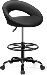 Office Drafting Chair - Bar Stools with Back Support, Adjustable Foot Rest and Wheels, Shop Rolling Swivel Chair for Standing Desk Counter Kitchen Salon Home Vanity, Black