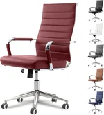 Red Office Desk Chair, Ergonomic Leather Modern Conference Room Chairs, Executive Ribbed Height Adjustable Swivel Rolling Chair for Home Office. (Red)