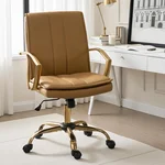 Modern PU Leather Rocking Office Chair Executive Swivel & Rocking Desk Chair with Gold Metal Armrests Adjustable Ergonomic Desk Chair for Home Office Camel