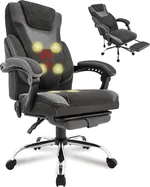 Massage Office Chair with Foot Rest,6-Point Vibration & Heat Reclining Computer Chair,Big and Tall Fabric Office Chair for Heavy People,Ergonomic Executive Desk Chair,Thick Cushion,High Back,BlackGrey