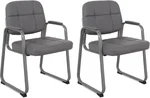 CLATINA Waiting Room Chair | Leather Guest Chair with Padded Arms no Wheels for Office Reception Conference Desk with Sled Base Grey, 2PK