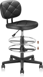 Leather Drafting Stool Chair with Ergonomic Backrest & Footrest, Padded Seat Adjustable Height 360° Swivel Rolling Stools, Tall Office Chair for Standing Desk, Shop, Drawing, Work, Black