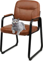 CLATINA Reception Waiting Room Chair No Wheels, Leather Guest Chair with Padded Arms and Sled Base, Computer Desk Chair for Office, Home, Break Conference Lobby, School, Brown