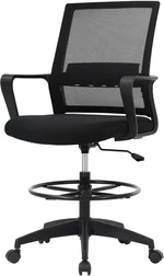 Ergonomic Drafting Chair, Tall Office Chair with Flip-up Armrests, Breathable Mesh High Desk Chair with Lumbar Support Adjustable Footrest Ring for Standing Desk, Black