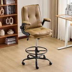 Karl home Drafting Chair Adjustable Height for Standing Desk, Flip-Up Armrests Tall Office Swivel Desk Chair with PU Upholstory, Ergonomic Lumbar Support, Adjustable Foot Ring, Khaki