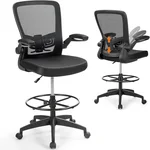 COSTWAY Drafting Chair, Tall Office Chair with Flip-up Armrests & Adjustable Foot Ring, High Back Computer Standing Desk Chair with Ergonomic Lumbar Support, Breathable Mesh (5, Black)
