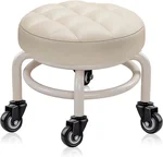 Round Rolling Low Stool- PU Leather Low Stool 360° More Comfortable Swivel with Thickened Sponge Cushion for Nail Salon, Pedicure, SPA and Home (White Upgrade Edition)