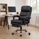 Office Chair, Leather Desk Chair with Foot Rest, PU Home Computer Desk Chairs with Ergonomic Back Support, Soft and Comfortable, High-Back Executive Chair, Gaming Chair for Home, 360° Swivel, Black