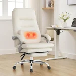 Office Chair with Kneading Massager and Footrest,High Back Executive Chair,90-135°Reclining Office Chair,Computer Desk Chair with Wheels,Comfy Chair with Double Thick Cushion (Cream White)