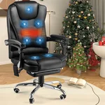 Office Chair with 7 Points Vibrating Massage & Heat Functions, Adjustable Height Home Office Desk Swivel Executive Chair with Footrest Lumbar Back Support Fabric Computer Chair, Leather Black
