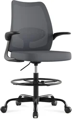 Ergonomic Drafting Chair Tall Office Chair with Flip-up Armrests Adjustable Height Breathable Mesh Office Chair Home Office Chairs with Lumbar Support and Adjustable Footrest Ring Grey