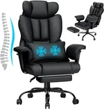 HOFFREE 450lbs Big and Tall Office Chair with Massage Lumbar Support Heavy Duty Office Chair with Footrest PU Leather Desk Chair,Adjustable Padded Armrest(Black)